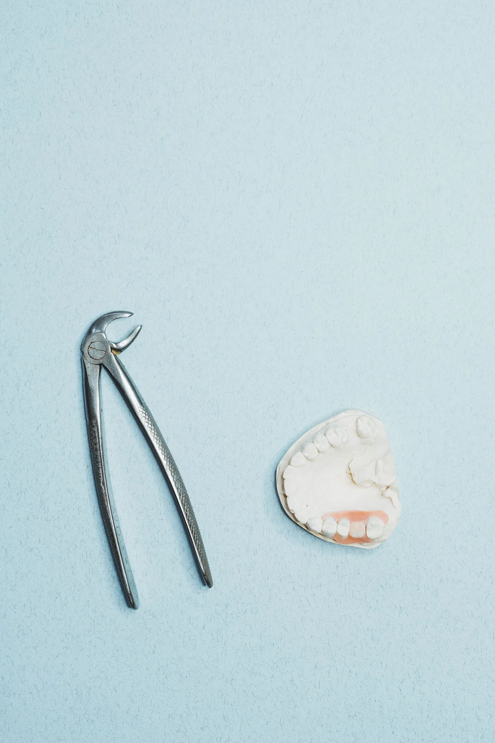 Extraction forceps beside a plaster study model.